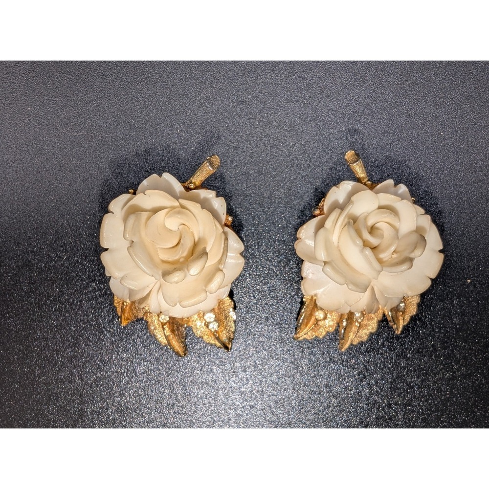 Vintage BSK Celluloid Cream Rose Clip On Earrings Rhinestone Gold Tone MCM